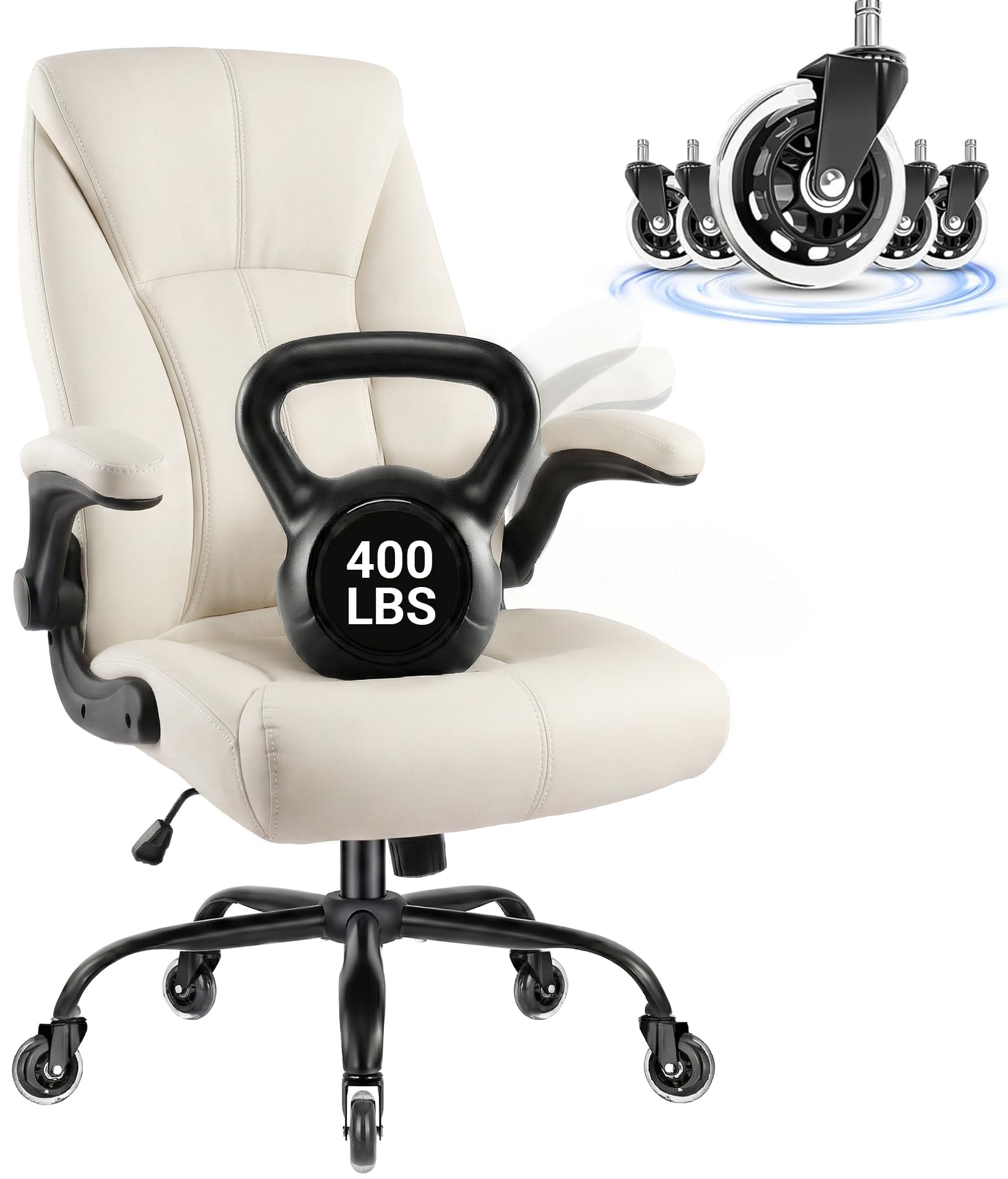 Big and Tall Office Chair for Heavy People, 400lbs High Back Extra Wide Executive Pu Leather Office Chair with Flip-up Armrests, Quiet Rubber