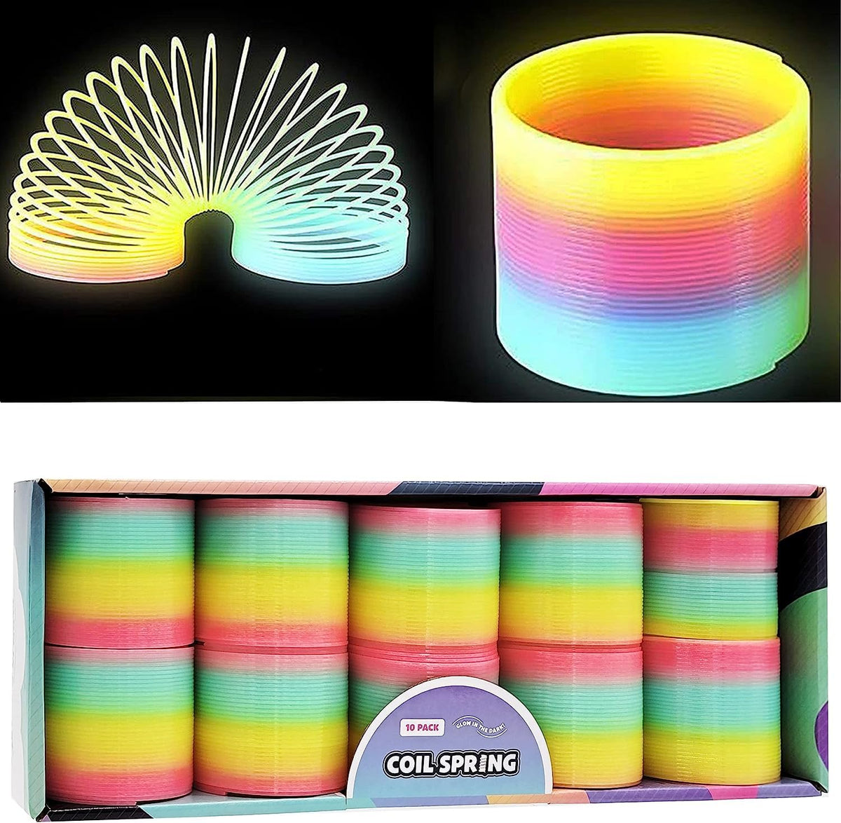 The Dreidel Company Plastic Coil Spring, Glow-in-The-Dark Magic Rainbow Slingy, Party Favor, Birthday Bag Filler, Stocking Stuffers, 3" (80MM) (50-Pack)