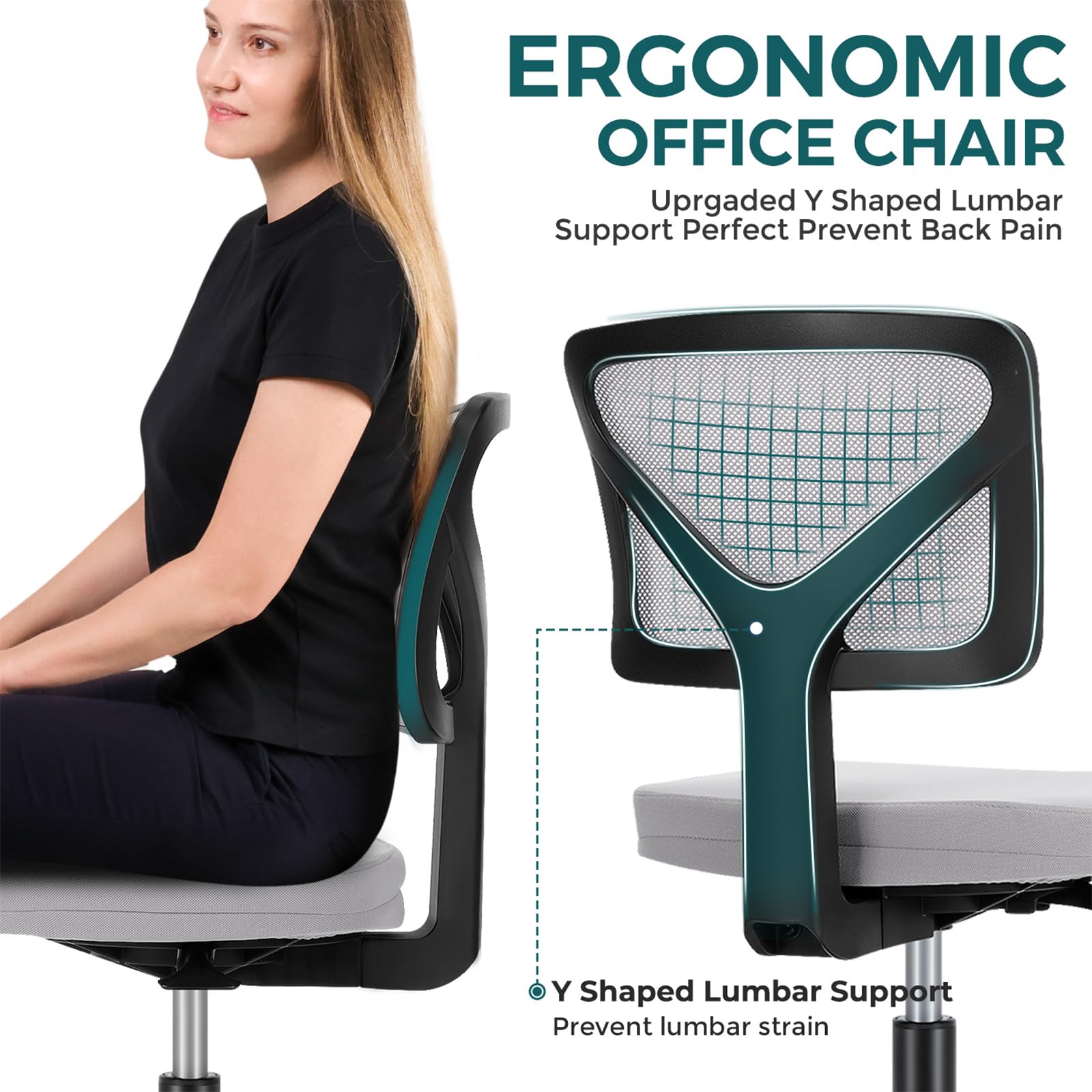 Dumos Armless Desk Chairs, 2 Pack, Small Home Office Mesh Chairs, Set of 2, Light Grey