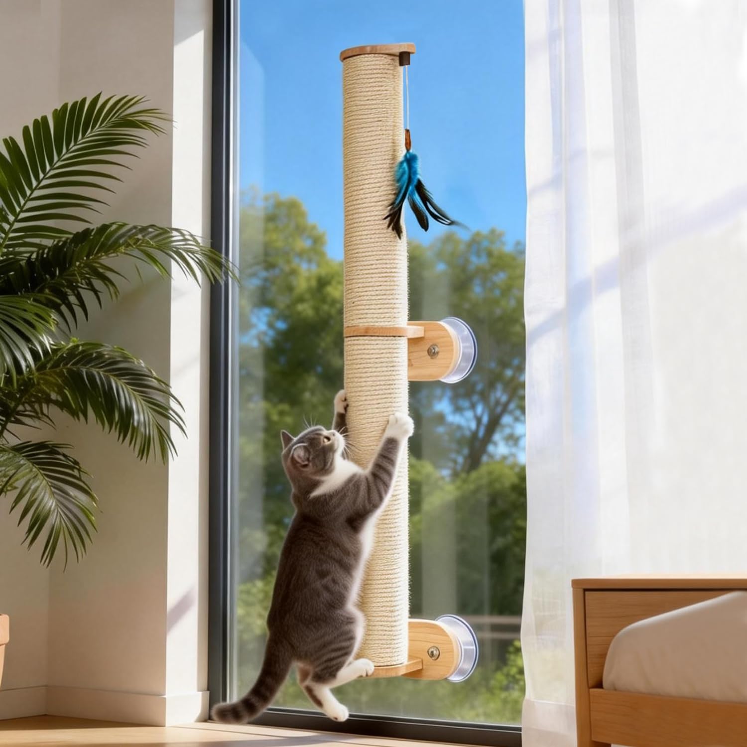 Lulu's World Cat Wall Scratcher,32" Tall No-Drill Wall Mounted Kitten Scratching Post, Cat Wall Furniture with 4 Suction Cups, Sturdy Sisal Climbing Tree Cat, Wall Shelves for Indoor Large Cats