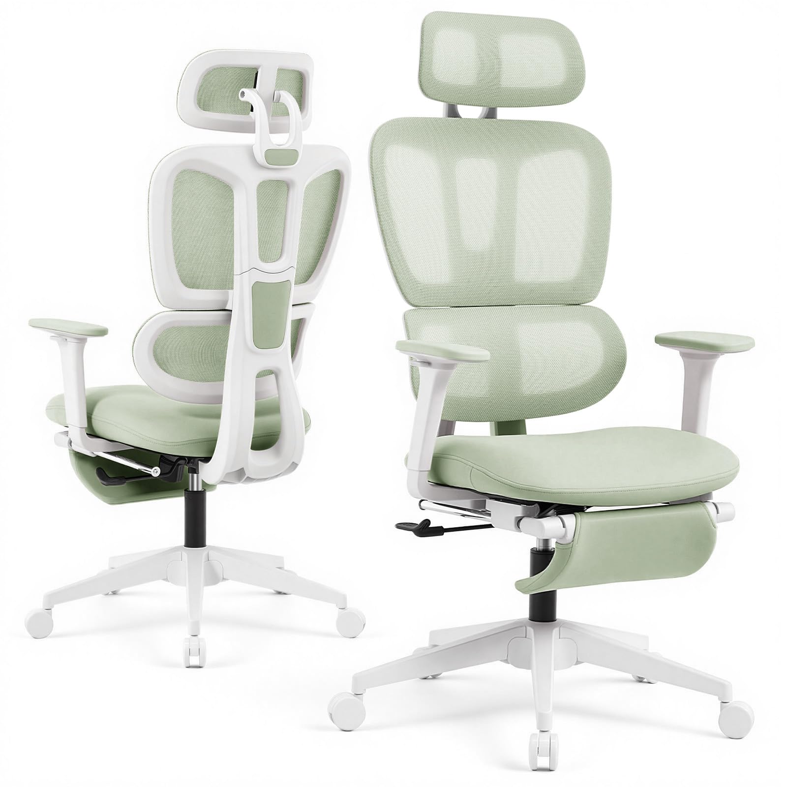 Ergonomic Office Chair with Footrest and Dynamic Lumbar Support, Green, High Back