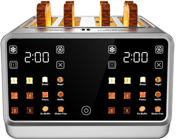 4 Slice Toaster with Dual Touchscreen, 1800W Stainless Steel Dual Zone Independent Control Extra Wide Slot 1.5 Inch, Smart BreadID Timer for Bagel Waffle, Kitchen Essentials