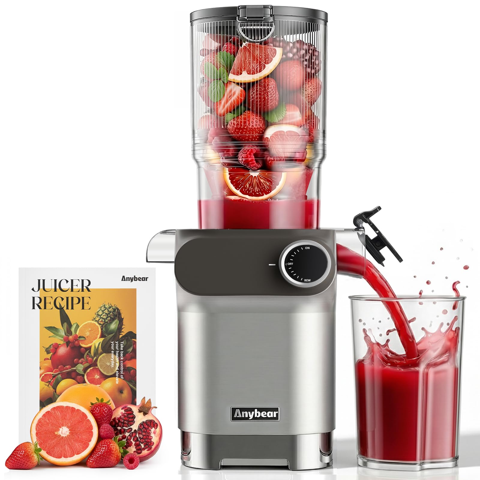 Anybear Cold Press Juicer 200W Masticating Slow Juicer 4.3" Large Feed Chute Fit Whole Fruits Vegetables | Upgraded Auger | Tritan Material | BPA Free | Juice Recipes (Silver Gray)