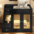 Cat Litter Box Enclosure with Light, Hidden Litter Box Furniture with 2 Storage Drawers & Smart Doors, Cat House Side Table for Living Room Entryway (Black)