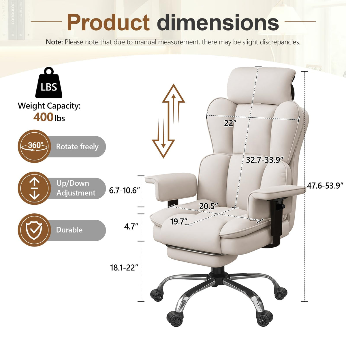 Xuegw Big and Tall Office Chair, Heavy Duty Executive Office Desk Chair Adjustable Armrests and Footrest, Pu Leather Computer Chair for Work