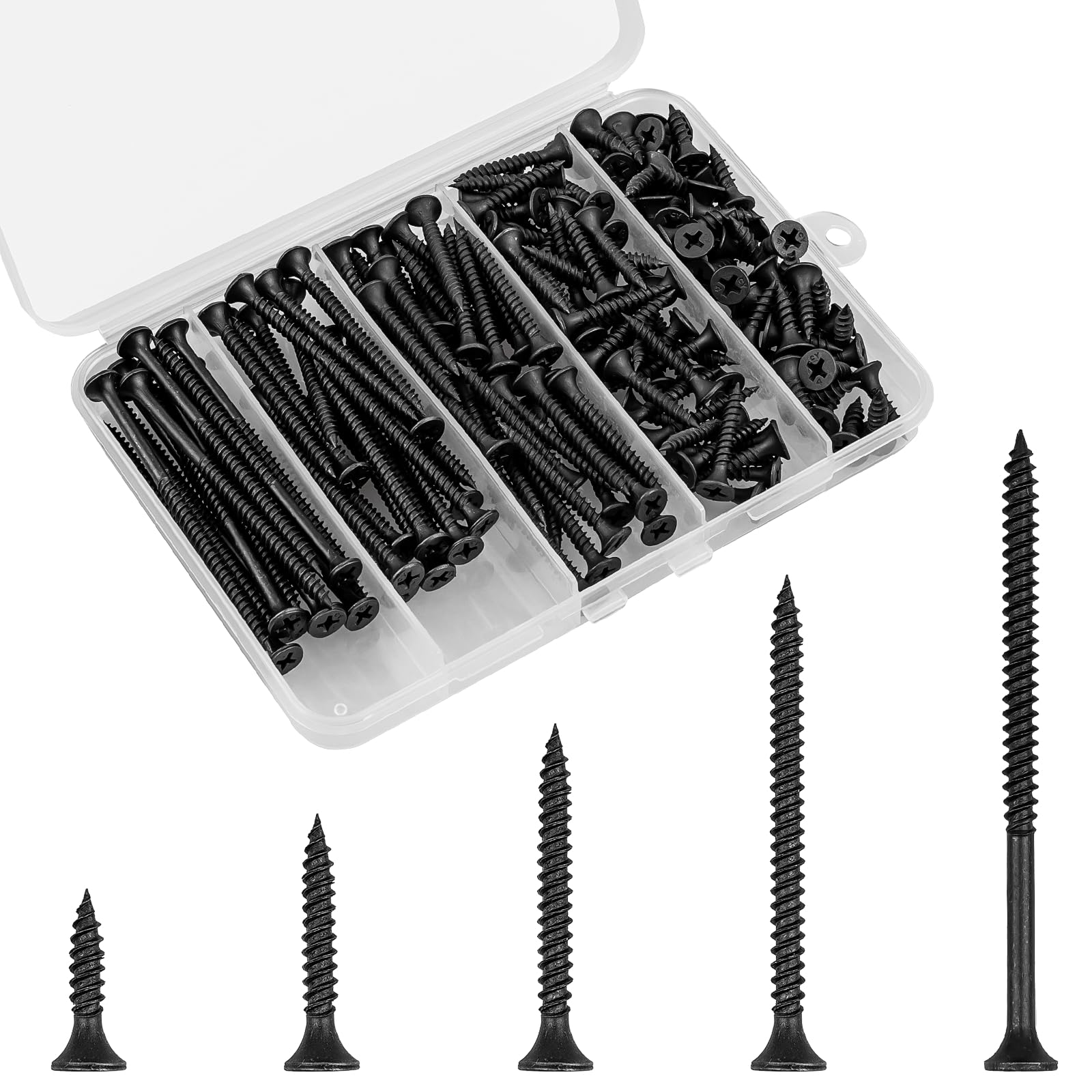 Wood Screws Assortment Kit, 168 PCS #6 Black Flat Head Phillips Self-Tapping Screws, High Hardness Carbon Steel, 5 Sizes (1/2", 1", 1-1/4", 2", 3") for Wood, Drywall, Slate