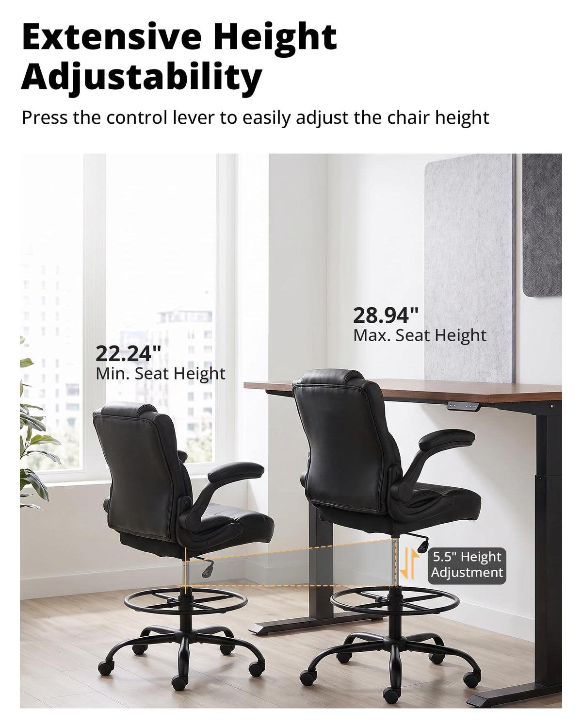 Drafting Chair with Flip-up Arms, Tall Office Chair for Standing Desk, Dark
