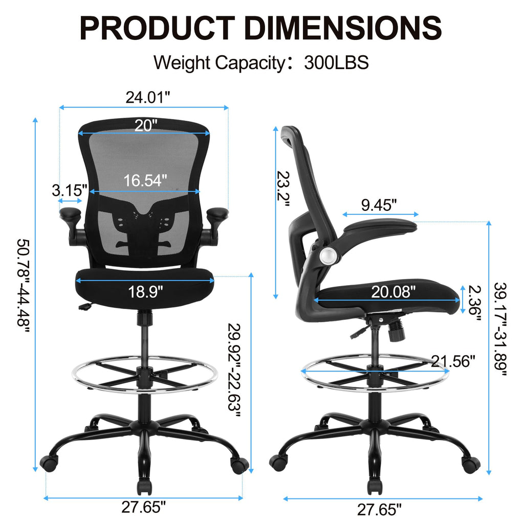 Bondesin Drafting Chair, Ergonomic Tall Office Chair with Lumbar Support Standing Desk Stool with Flip-up Armrests Comfy High Office Desk Chair