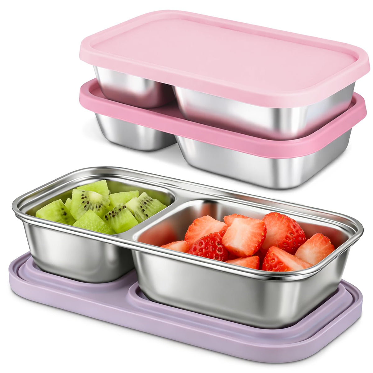 3 Pack Stainless Steel Snack Containers with Silicone Lids, 2-Compartment Snack Containers for Lunch, Office, Travel & Camping (Muted Lilac, Blush Pink, Dusty Rose)