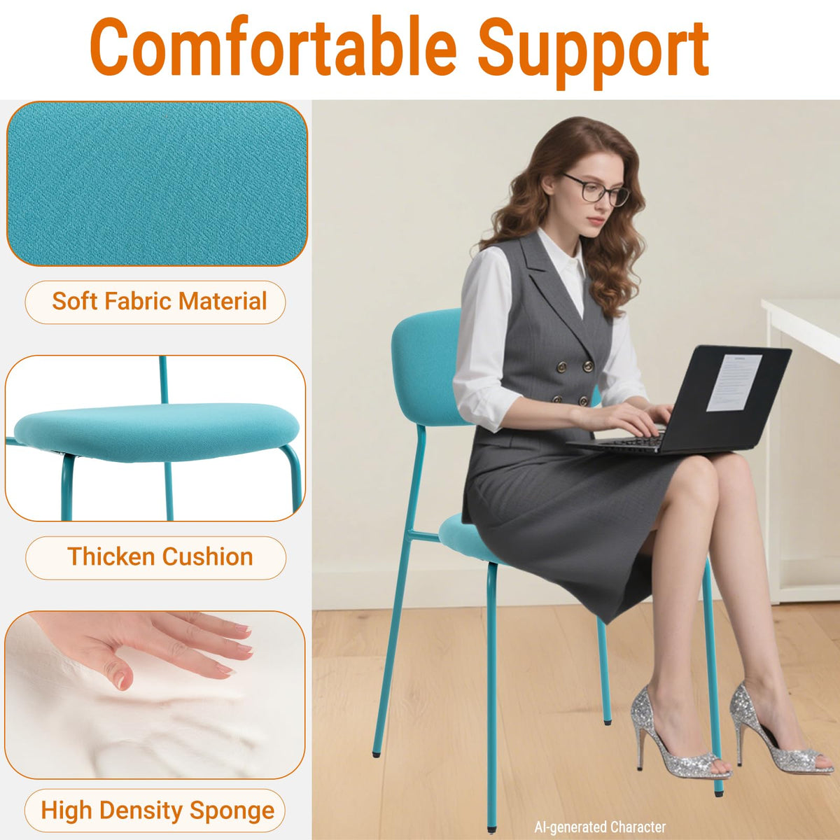 Sidanli Stackable Waiting Room Chairs, Armless Upholstered Guest Chairs Set of 4 with Comfotable Cushion for Conference Reception Break Room