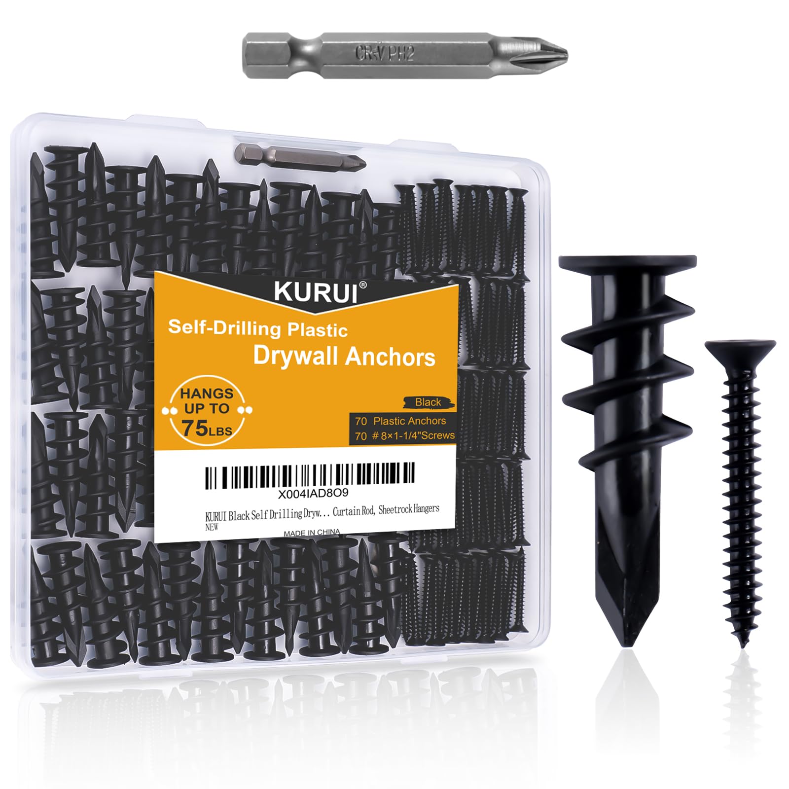 KURUI 140PCs Black Self Drilling Drywall Anchors, #8 Dry Wall Anchors and Flat Head Screws Kit, 70 Anchors + 70 Screws, 75LB Heavy Duty Hanging for Picture Frames Wall Decor Art, Sheetrock Hangers