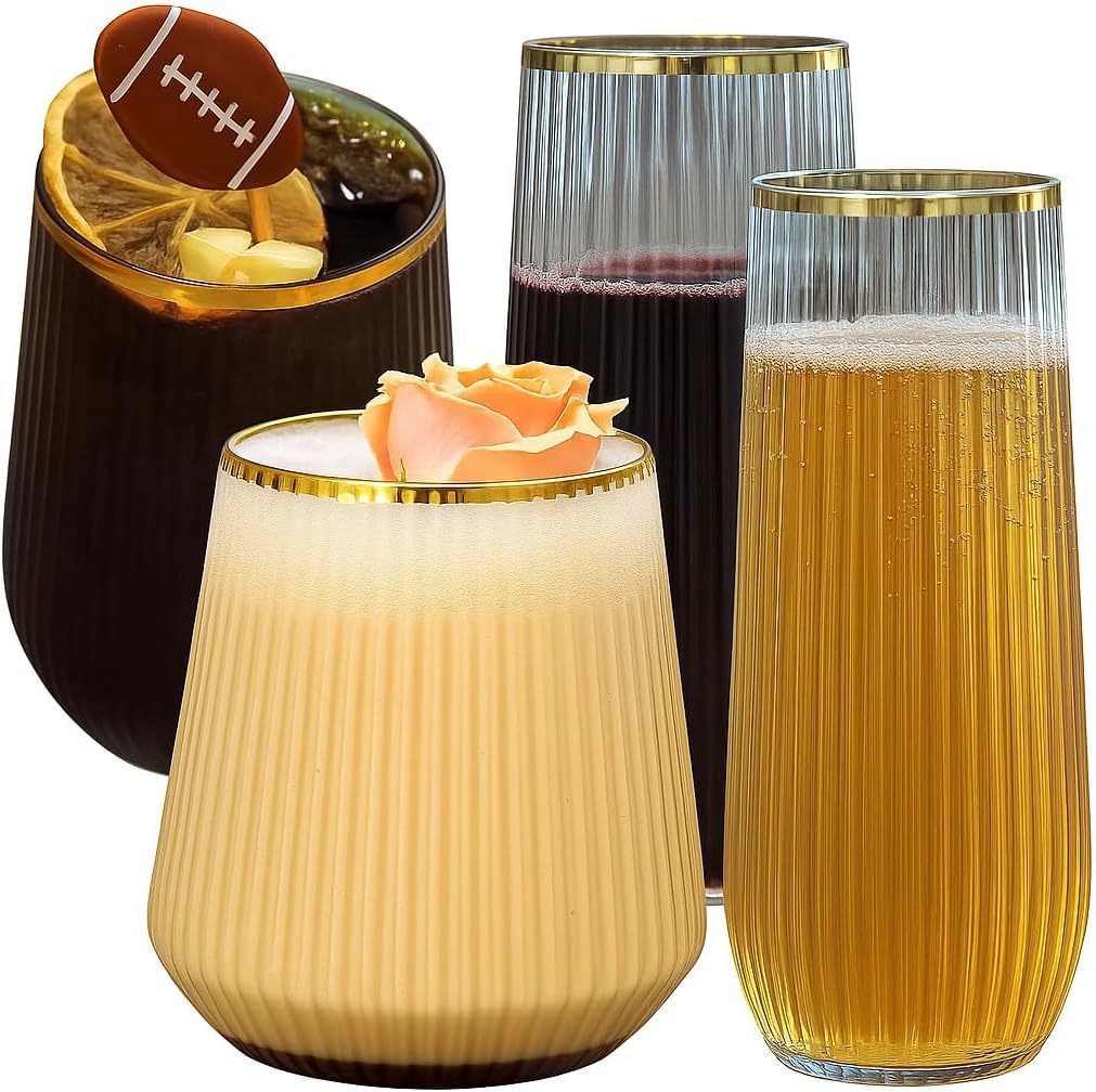 Oojami 24 Pack Disposable Wine Glasses Plastic, 9 oz Stemless Champagne Flutes & 12 oz Cocktail Cups, Ribbed Gold Rim Shatterproof BPA-Free Reusable Recyclable Unbreakable for Wedding Birthday Party