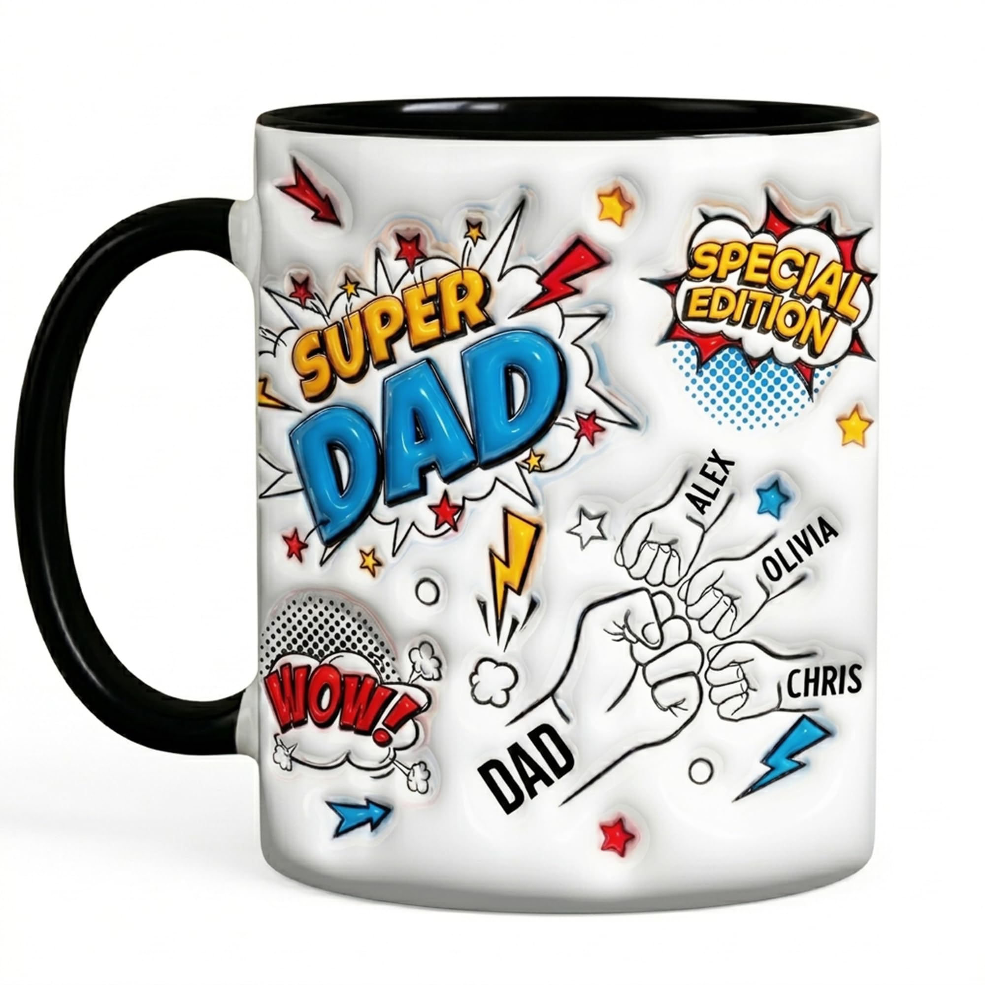 Personalized Dad Fist Bump Mug - Custom Dad Mug with Kids Names, Father's Day Coffee Cup for Daddy Grandpa Husband, 3D Effect Printed Cups, Fathers Day Mugs Gifts for Men from Son Daughter