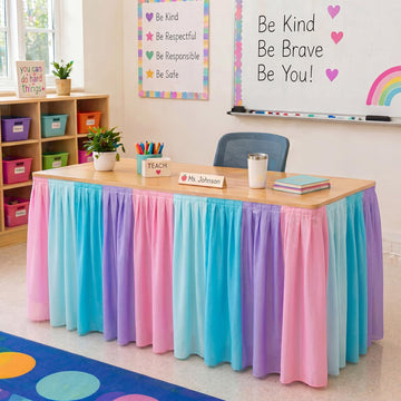 Breling 11 ft x 30 Inch Pastel Teacher Desk Skirt Teacher Fabric Table Skirt Tablecloth for Rectangle Table Back to School First Day of School Classroom Office Birthday Party Decorations