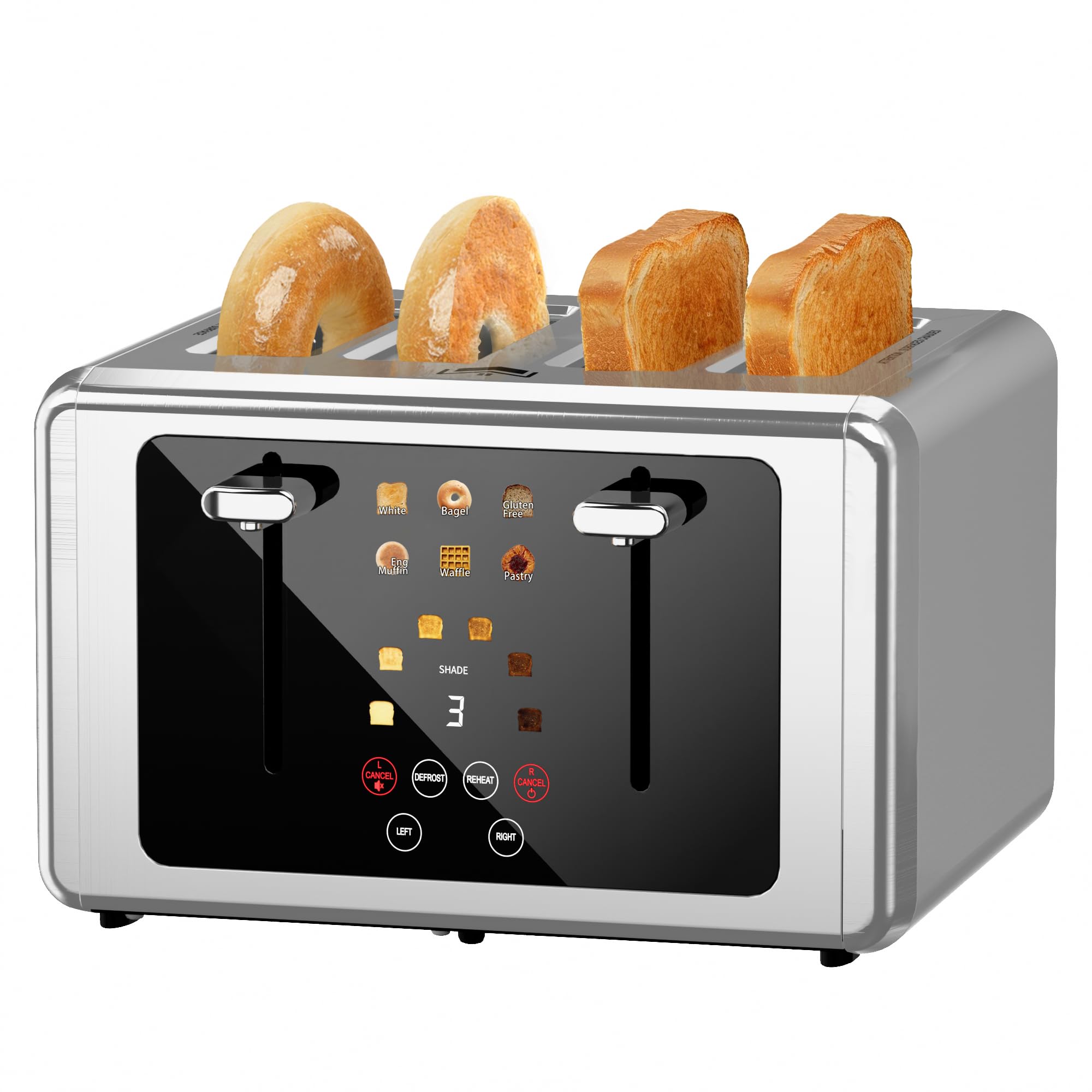 WUNLY Smart Digital 4 Slice Toaster with Touch Screen, 1.5'' Extra Wide Slots for Bagel, Digital Countdown & Sound Control, 6 Bread Types & 6 Shade Settings, Defrost/Reheat/Standby, Stainless Steel