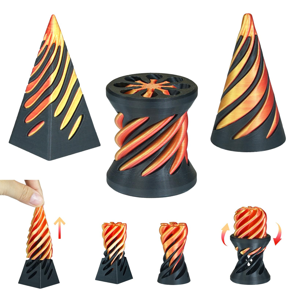 3PCS Impossible Cone,3D Printed Spiral Cone Fidget Toys,Impossible Pyramid Passthrough Sculpture,Stress Relieving Toys for Adults and Kids,Stocking Filler White Elephant Gifts(Black Gold)
