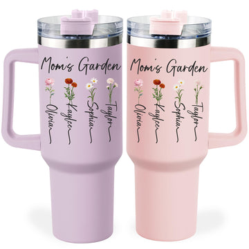 Mothers Day Tumbler Gifts for Mom,Personalized 40 OZ Tumbler with Kids Names Custom Water Bottle Unique Mama Gifts From Daughter Son (Mom Tumbler with Birth Flower)