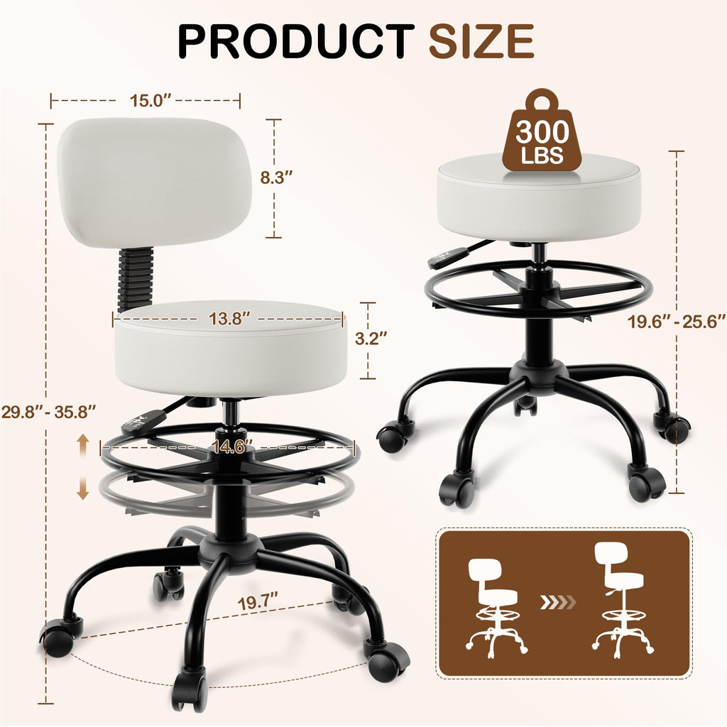 Anunweldo Drafting Chair with Back Support, Adjustable Foot Rest Rolling Stool, 360° Swivel Office Desk Chair with Wheels, Thick Seat Cushion