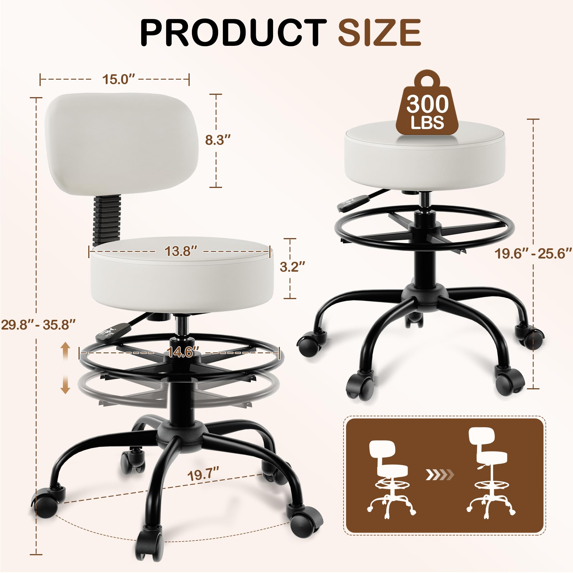 Anunweldo Drafting Chair with Back Support, Adjustable Foot Rest Rolling Stool, 360° Swivel Office Desk Chair with Wheels, Thick Seat Cushion