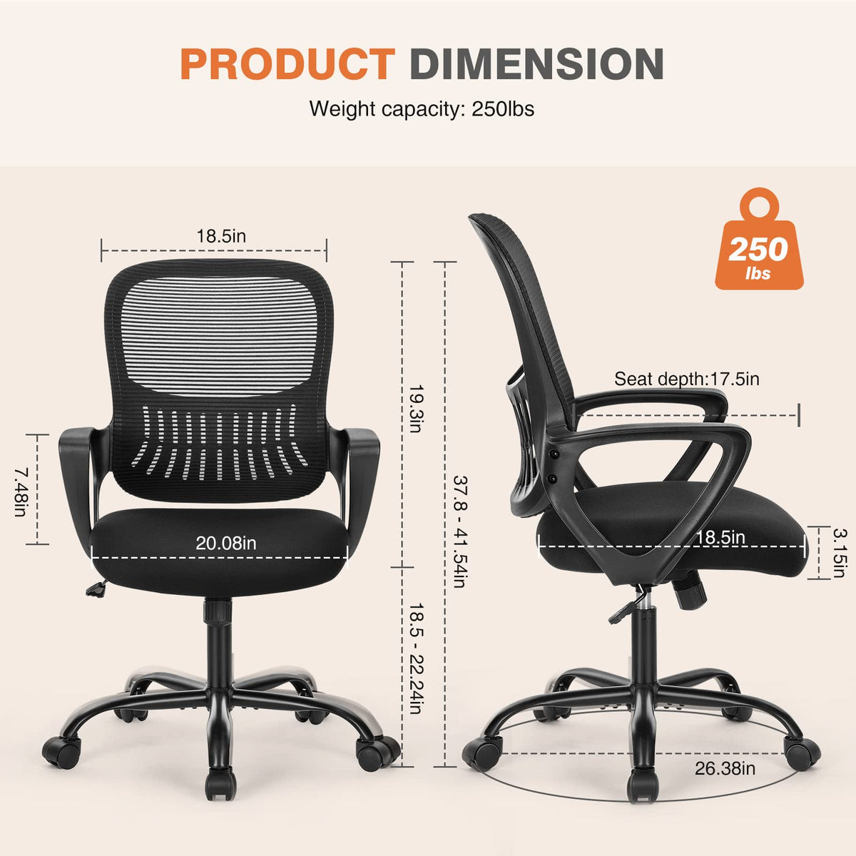Sweetcrispy Home Office Chair, Mesh Office Chair, Lumbar Support, Black, 18.5"D&Fixed Arm-Plus