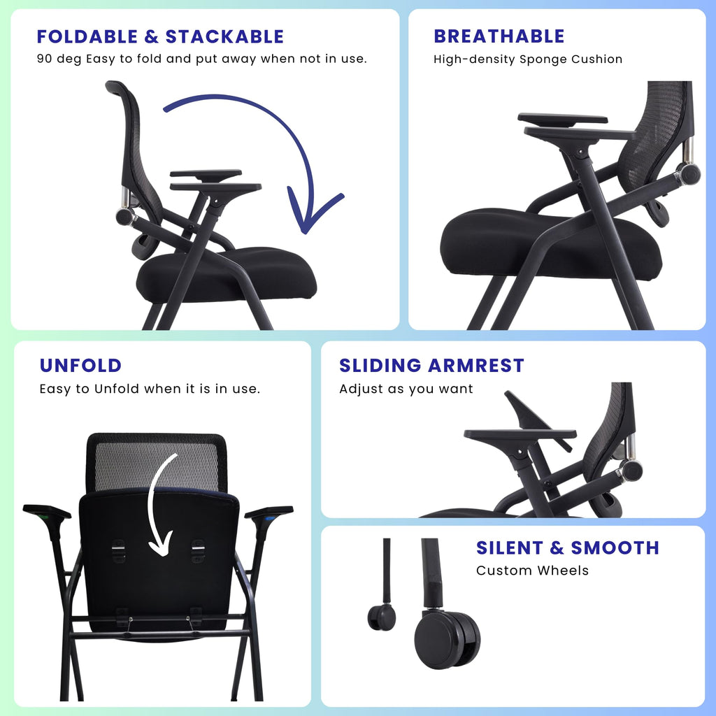 Brobriyo 10 Pack Stackable & Foldable Conference Room Chairs with Lumbar Support, Armrest - Ergonomic Mesh Bouncing Back for Office Meeting,