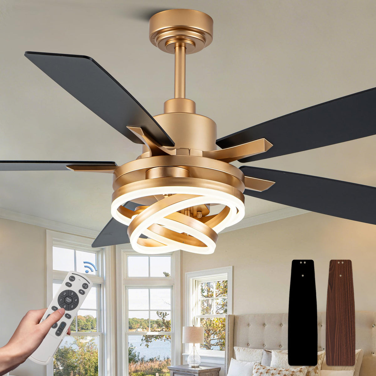 Dawn Whisper 52" Ceiling Fan with Light Gold Chandelier Fan DC Motor Dimmable LED Modern Ceiling Fan with Light for Bedroom Living Room