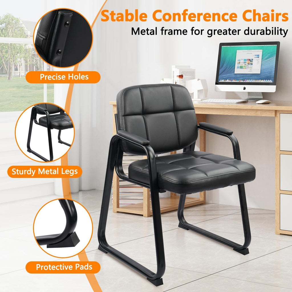 Clatina Leather Guest Chairs Set of 6, Office Reception with Padded Arms, Desk Chair with Sled Base for Office Conference Waiting Room, Black