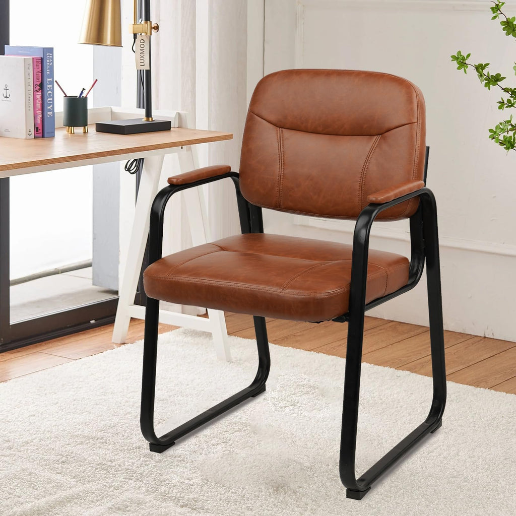 Clatina Waiting Reception Chairs No Wheel, Leather Guest Chair with Padded Arms, Modern Brown Office Desk Chairs with Sled Base for Office