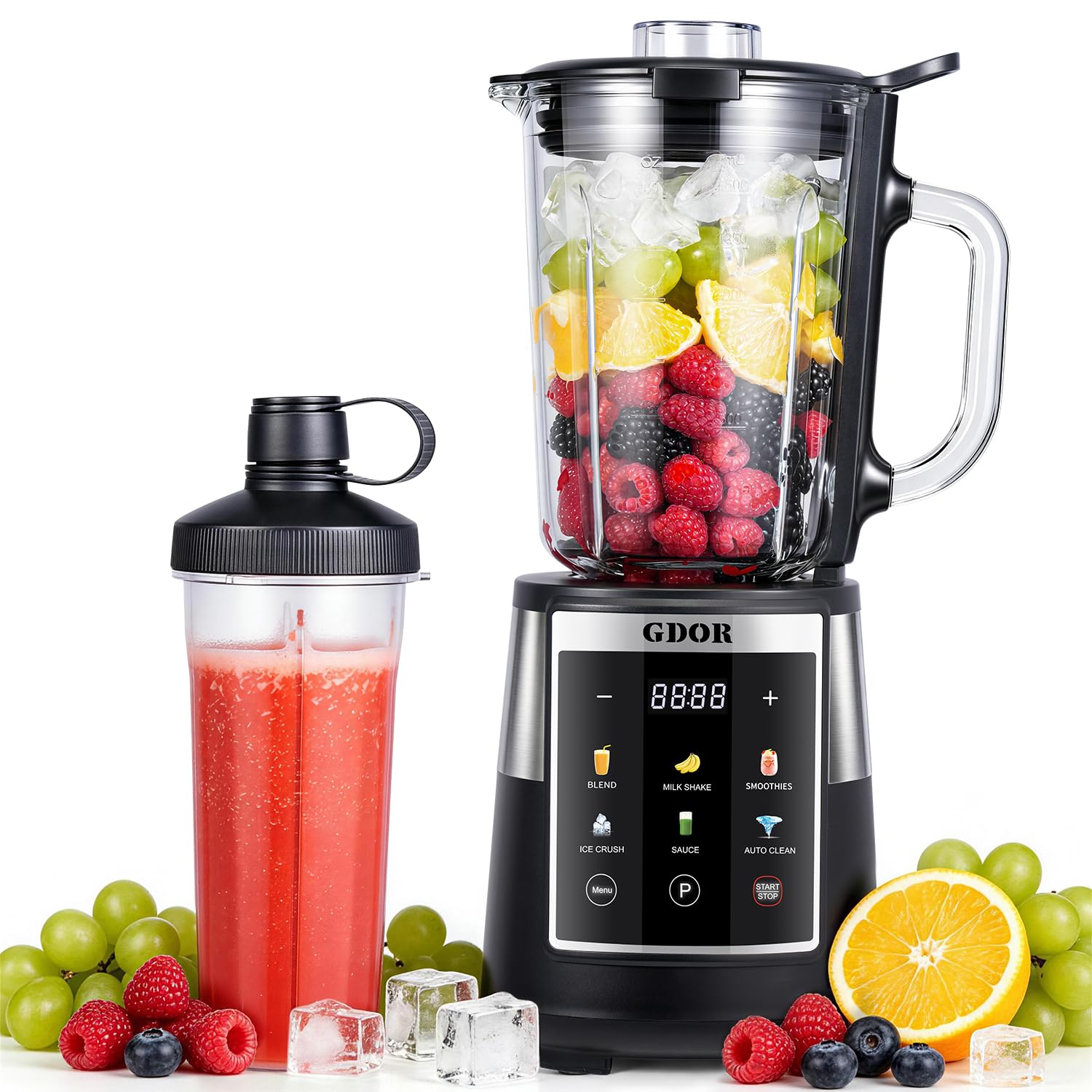 GDOR Professional Blender with 6 Preset Programs, 1300W Smoothie Blender for Ice Crushing & Frozen Fruit, 67 Oz Glass Pitcher & 22 Oz To-Go Cup Combo, Smart Smoothie Maker, Self-Cleaning
