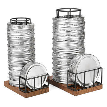 2PCS Mason Jar Lid Organizer & Holder (Wide Mouth & Regular Mouth) Iron Ball Jar Wooden Storage Accessories for Home Kitchen Organization Fit Mason/Canning/Bamboo Lids, Holds 20 Lids & 20 Rings