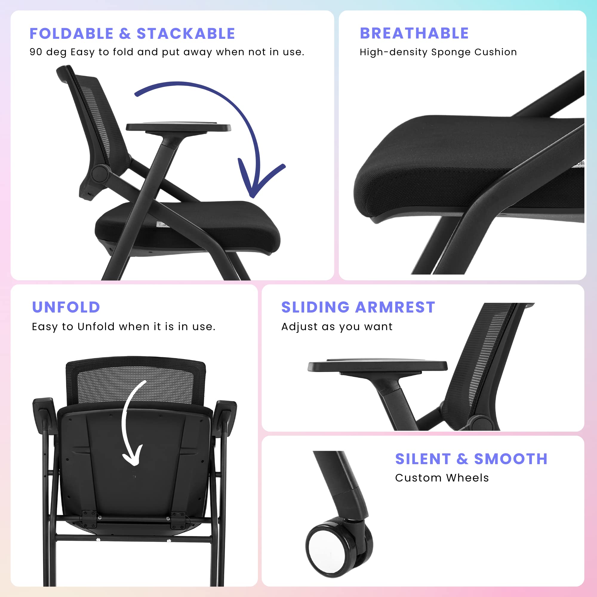 6 Pack Stackable Conference Room Chairs with Wheels and Paddle, Ergonomic Mesh Back and Arms for Meeting, Conference, Reception, Training Room