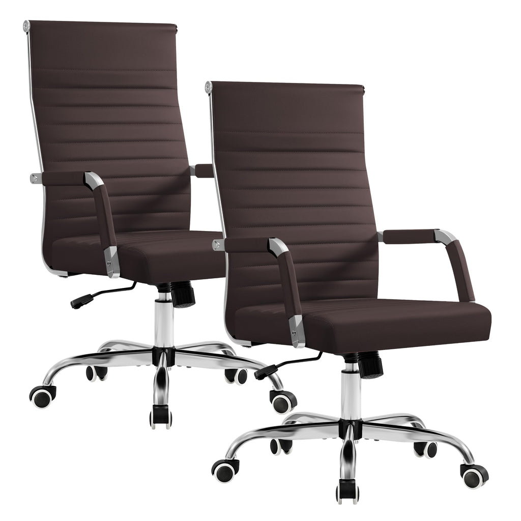 Furmax Ergonomic Office Desk Chair, Executive Ribbed Mid-back Pu Leather Conference Room Chair Adjustable Swivel Chair with Arms (2, Brown)