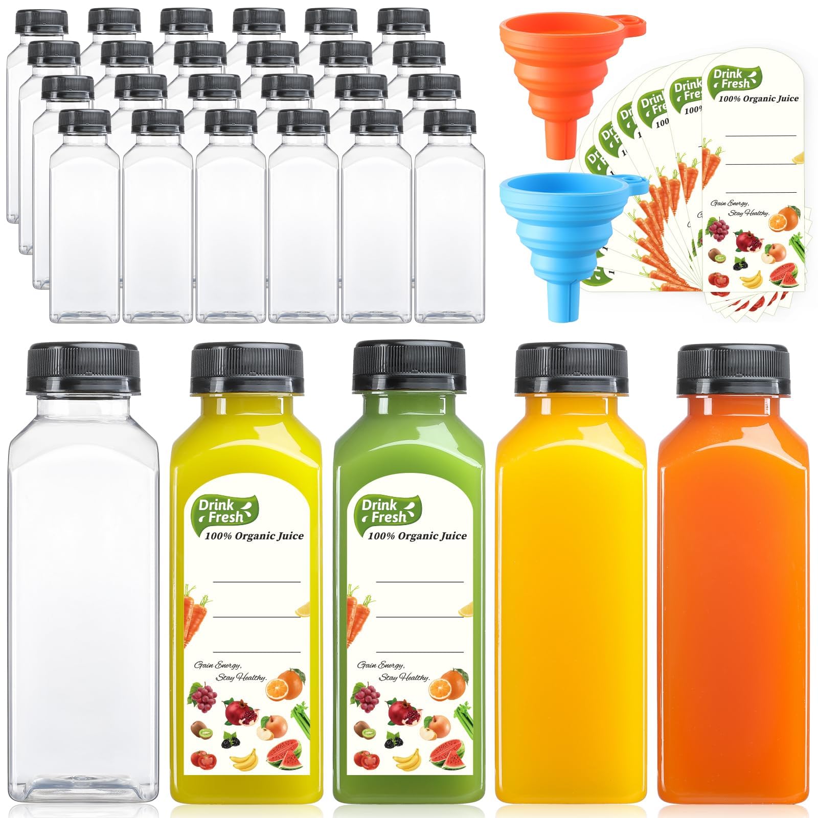 24 PACK, 12 OZ Reusable Thicker Plastic Juice Bottles with Caps, Plus 24 Labels & 2 Funnels - Clear Juicing Bottles for Juice, Smoothies, Ginger, Tea, Coffee -Food Grade & Travel Leakproof & Freezable