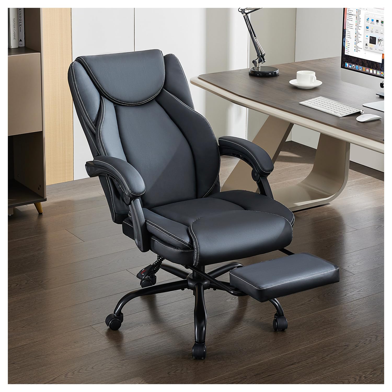 Amseatec Office Chair,big and Tall 400lbs with Footrest, Ergonomic with Adjustable Backrest, Reclining Computer Chair with Double Lumbar