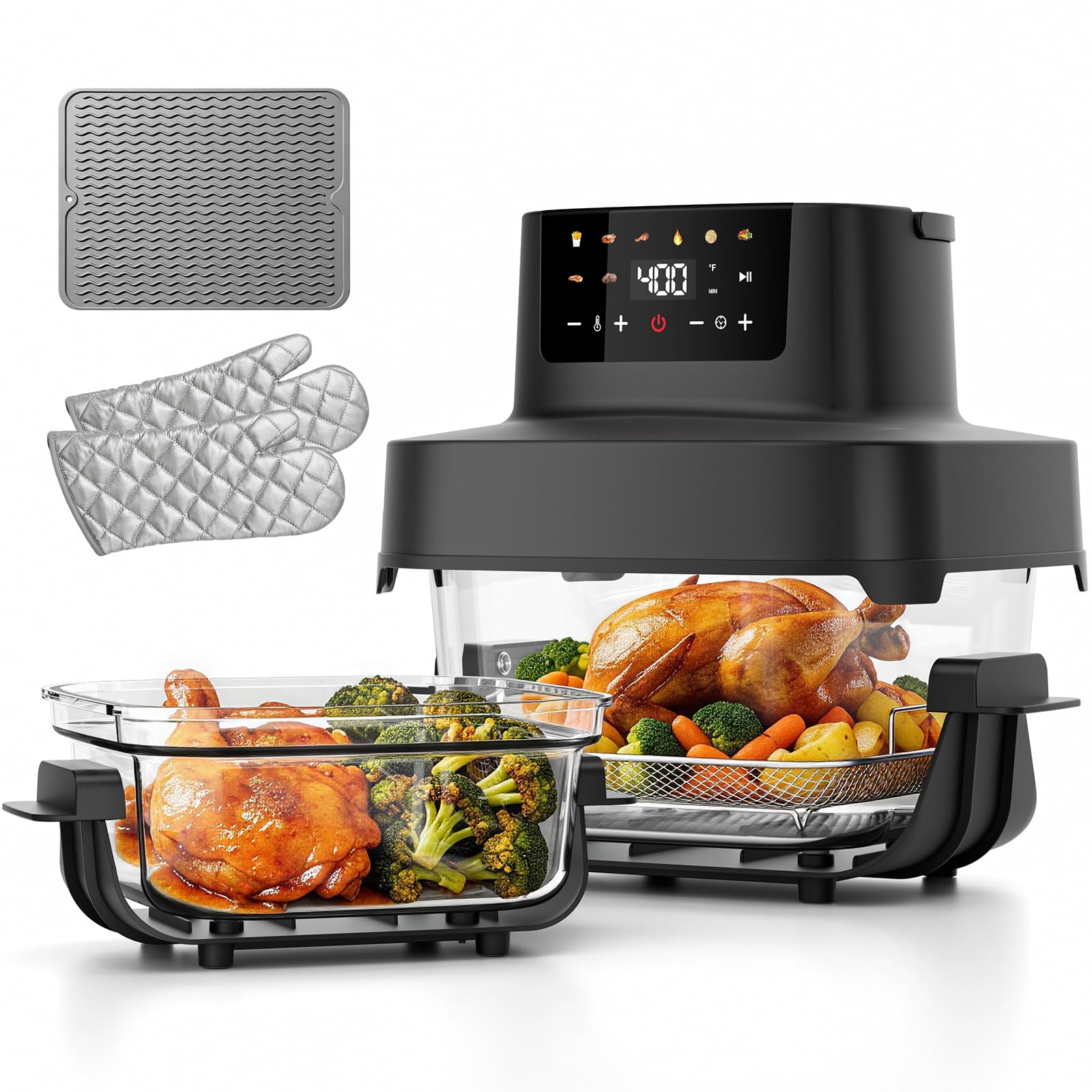 Glass Air Fryer Non Toxic, 6.3QT & 4.4QT Air Fryer with Dual Glass Baskets with Lids, 8-in-1 Portable Air Fryers Cristal, PFOA & PFAS-Free, Dishwasher Safe, Ideal Kitchen Gift