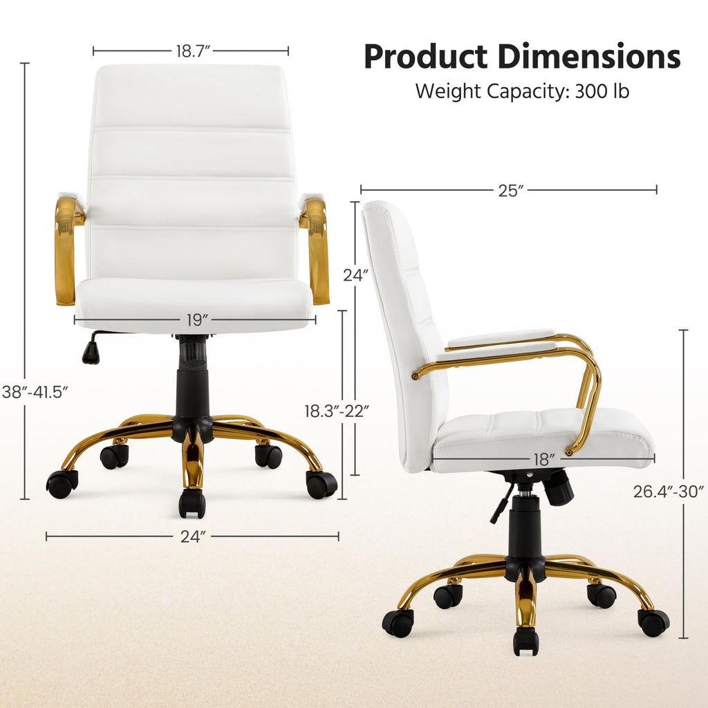 Yaheetech White and Gold Office Chair Mid Back Pu Leather Rocking Desk Seat, 24? W × 25? D × (38-41.5)? H