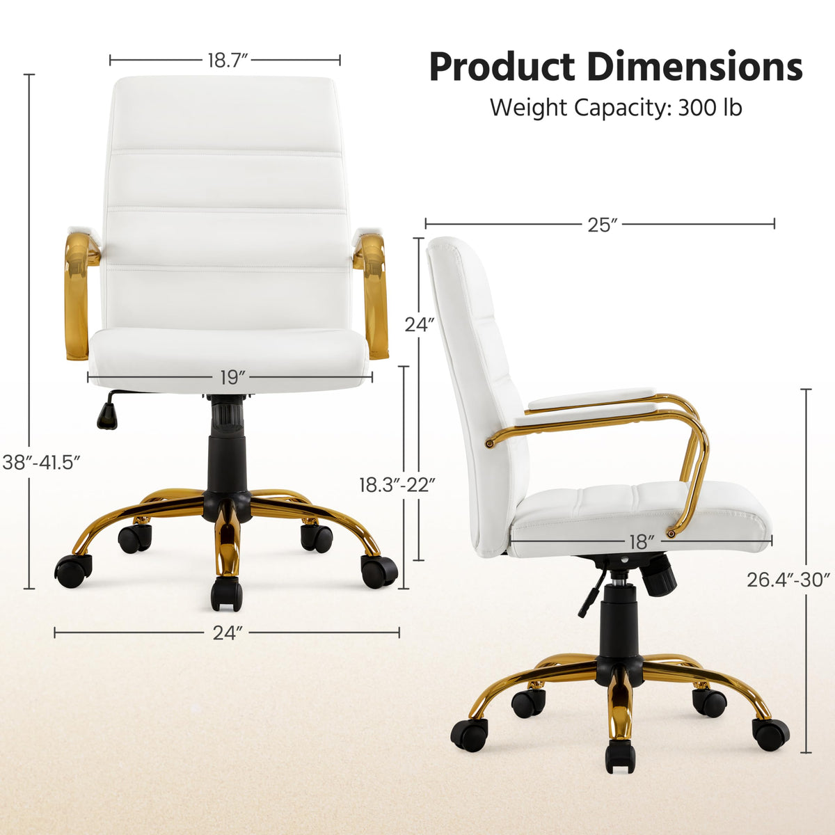 Yaheetech White and Gold Office Chair Mid Back Pu Leather Rocking Desk Seat, 24? W × 25? D × (38-41.5)? H
