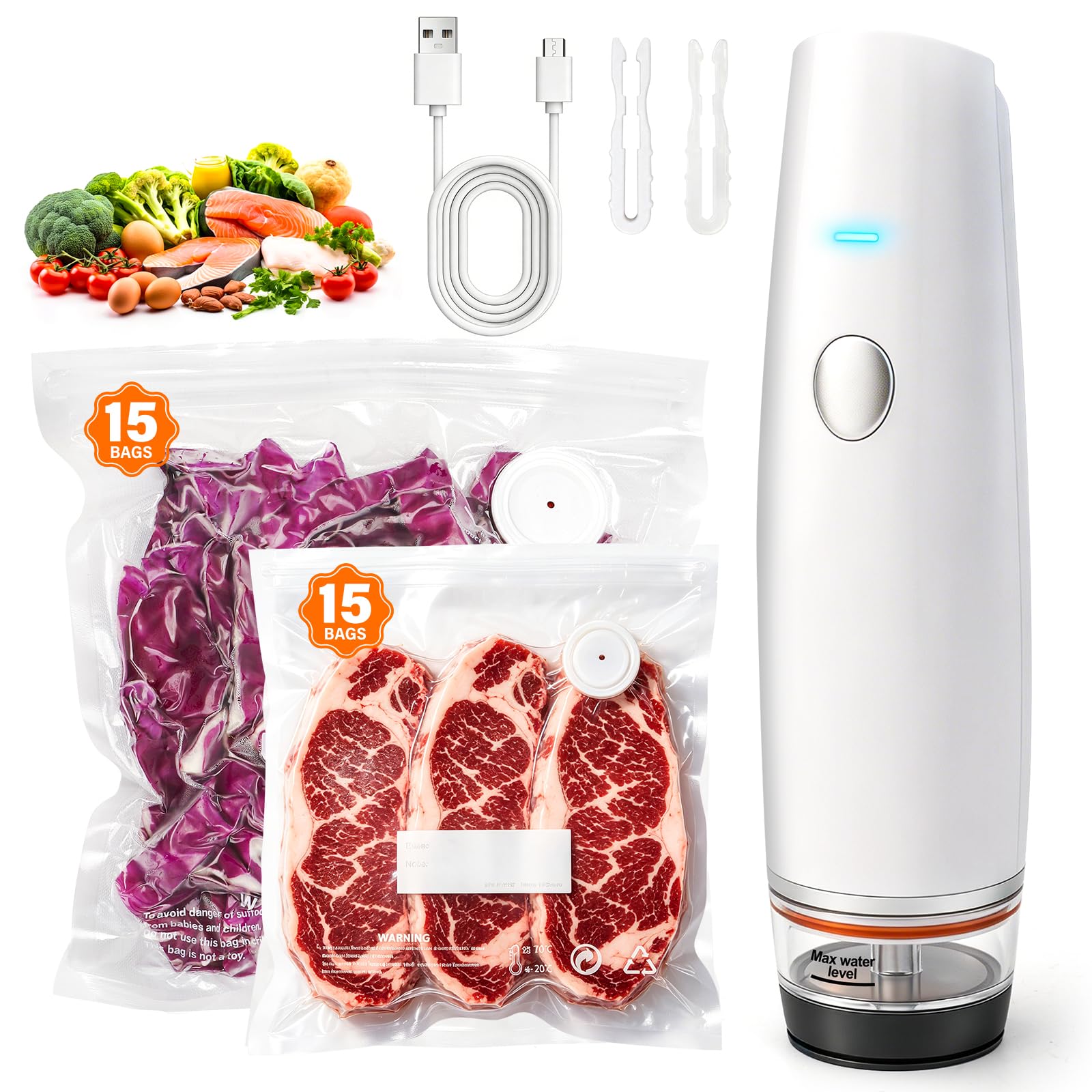 '-80kPa Compact Vacuum Sealer for Food (Vacuum Sealer Machine + 30 Reusable Bags), 1200mAh Rechargeable Handheld Vacuum Sealer Machine Portable Mini Food Sealer for Sous Vide & Meal Prep-White