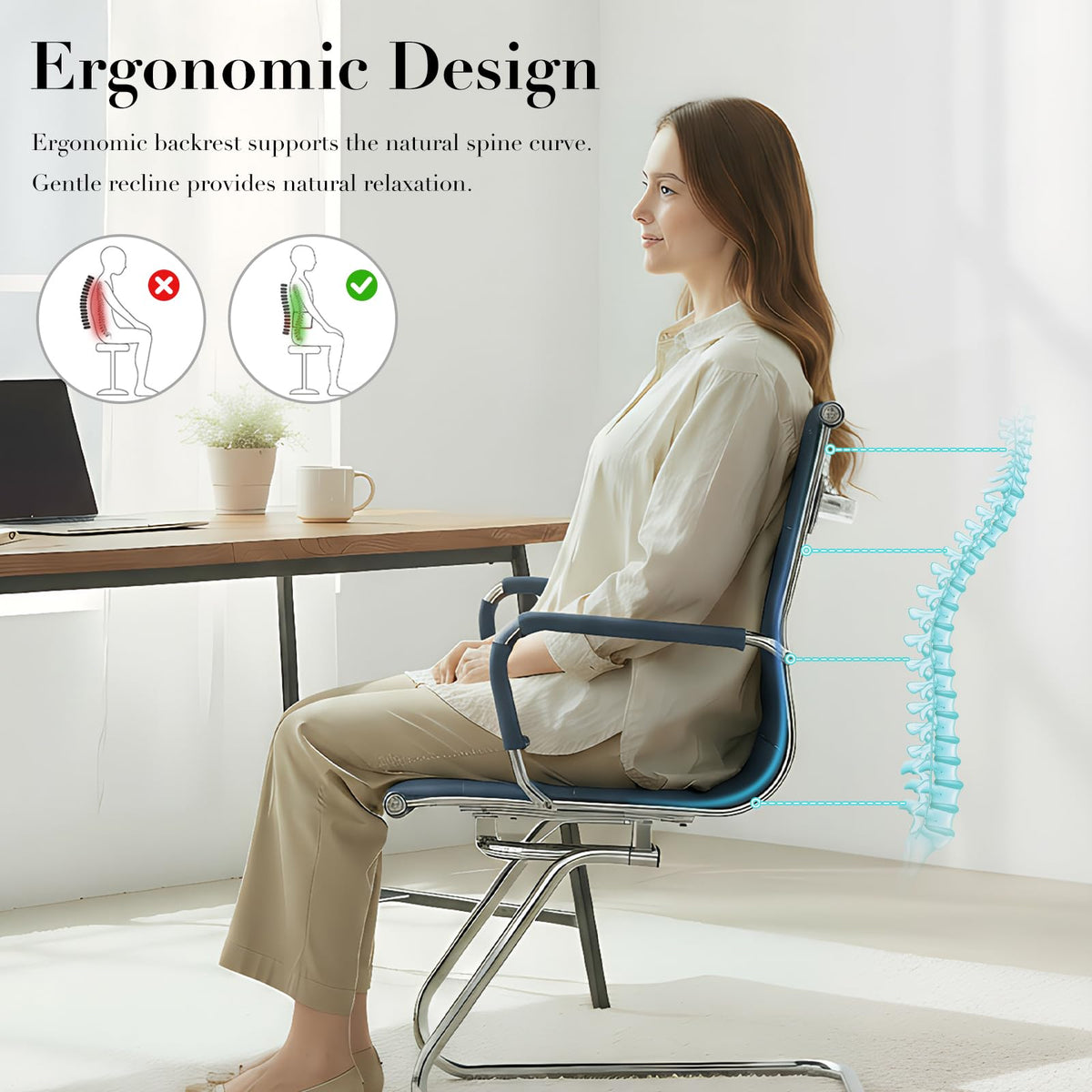 Cimota Waiting Room Chairs Leather Office Guest Chair Mid Back Reception Chairs with Sled Base for Meeting/patient/conference Room, Navy Set of 8