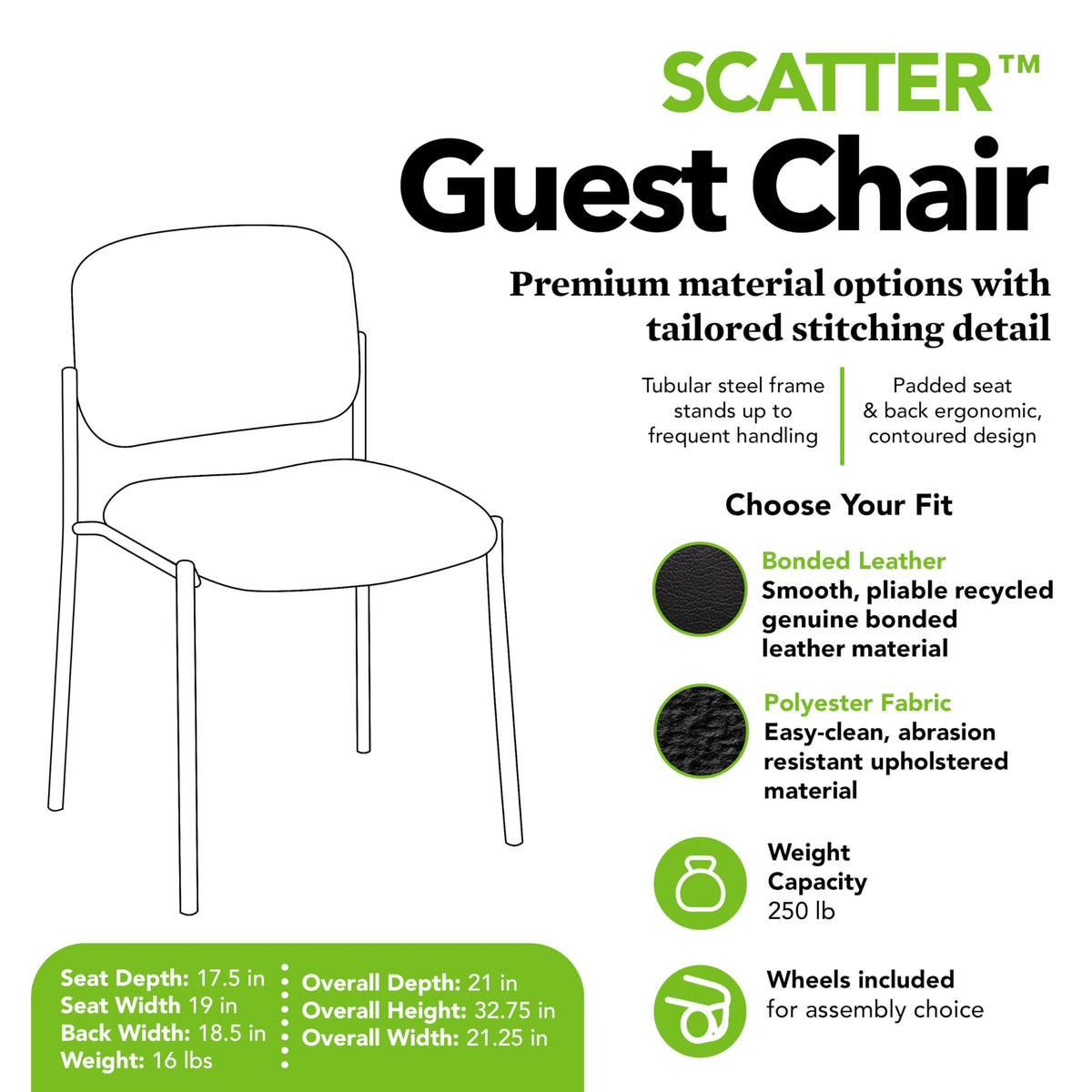 Hon Scatter Guest Chair, Armless Office Chairs, Leather, Black, Black - Leather Back - Armless