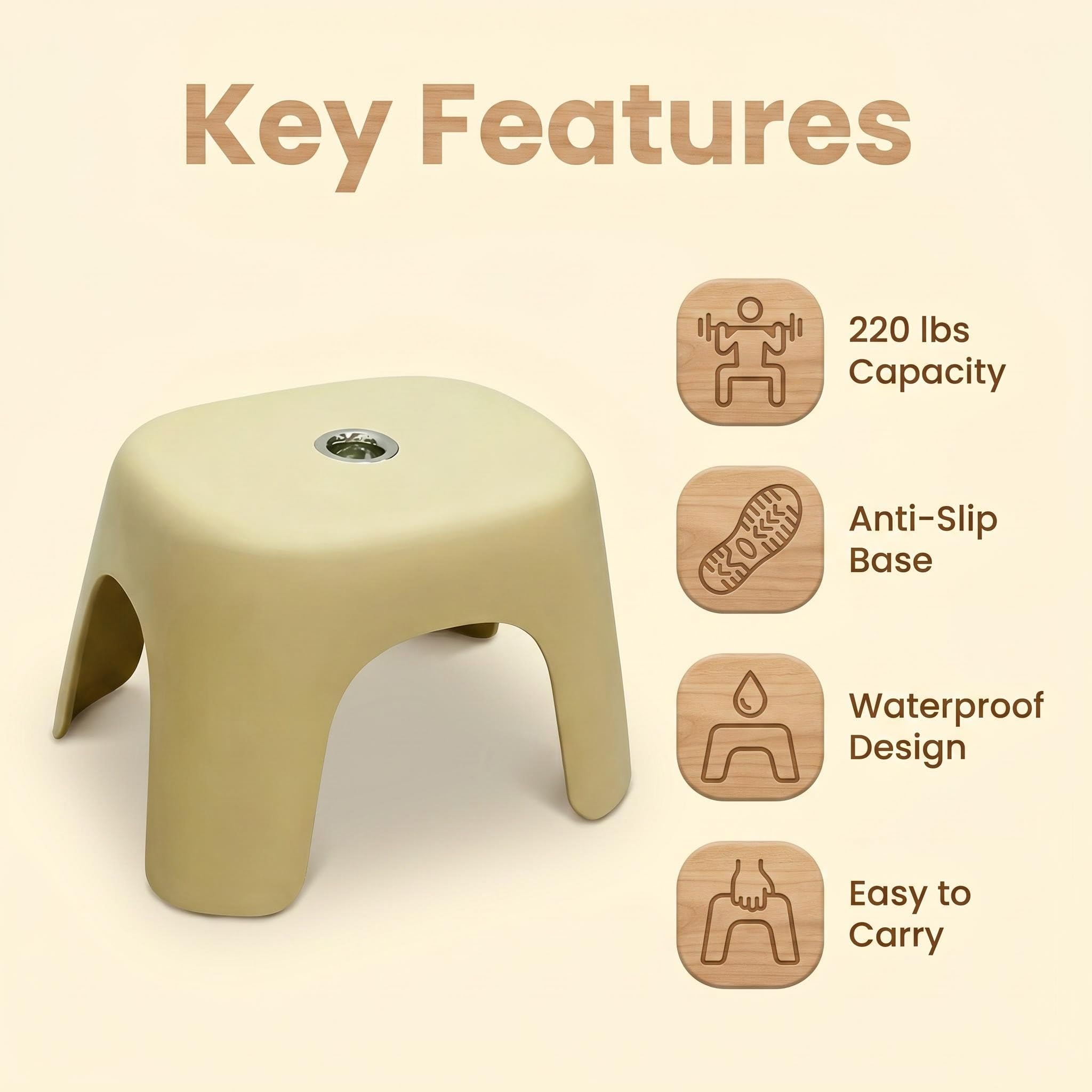 Plastic Step Stool, Heavy-duty Abs Shower Bath Stool Anti-slip, Compact Size for Bathroom, Kitchen, Entryway Beige, Begie