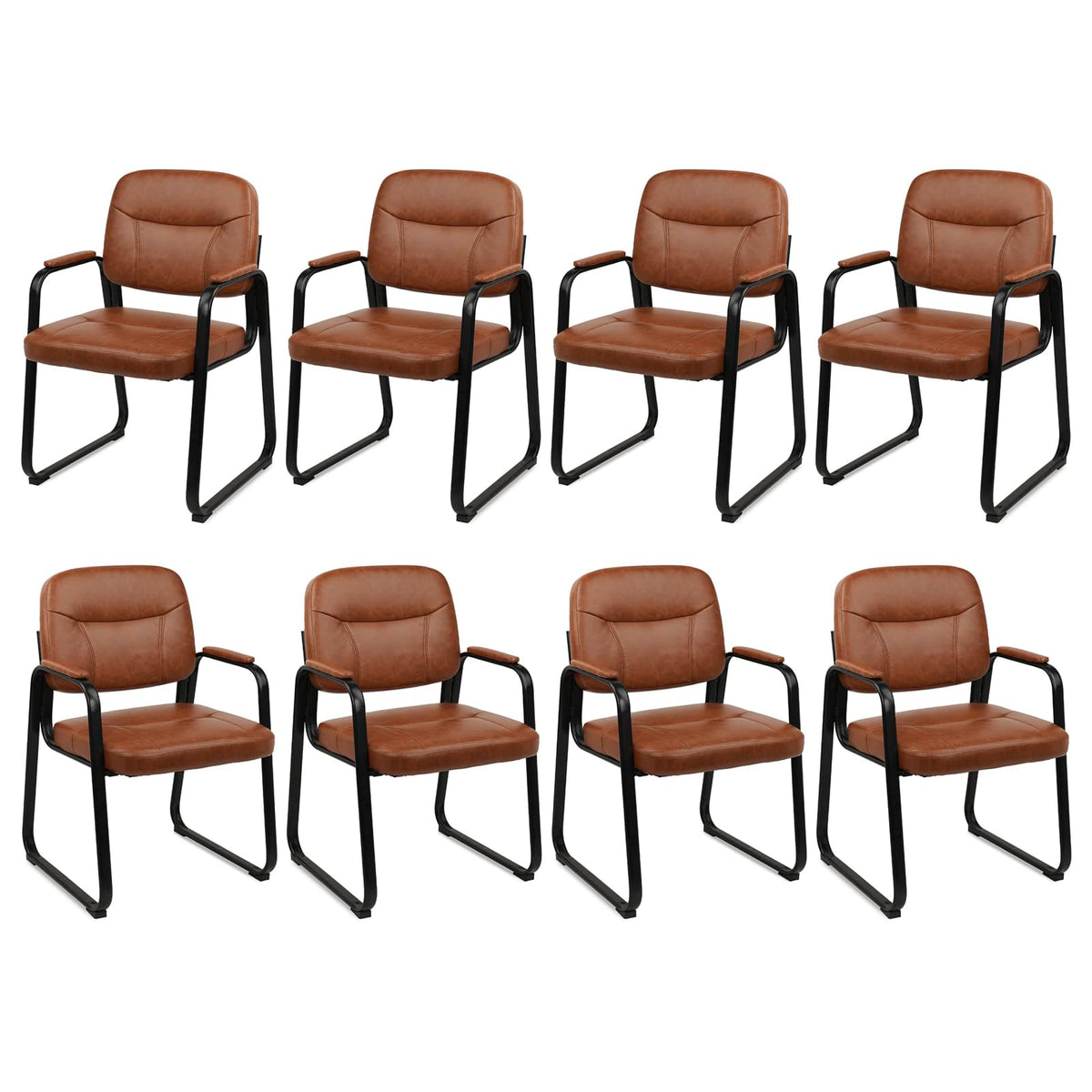 Clatina Waiting Room Guest Chair with Bonded Leather Padded Arm Rest for Office Reception and Conference Desk Black with Sled Base Brown 8 Pack