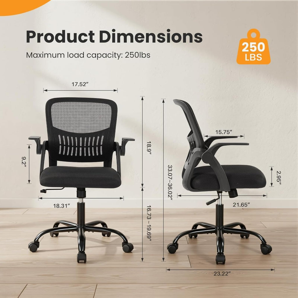 Sweetcrispy Computer Desk Chair, Home Office Chair, Lumbar Support, Black, 18.31"D&Flip-up Arms