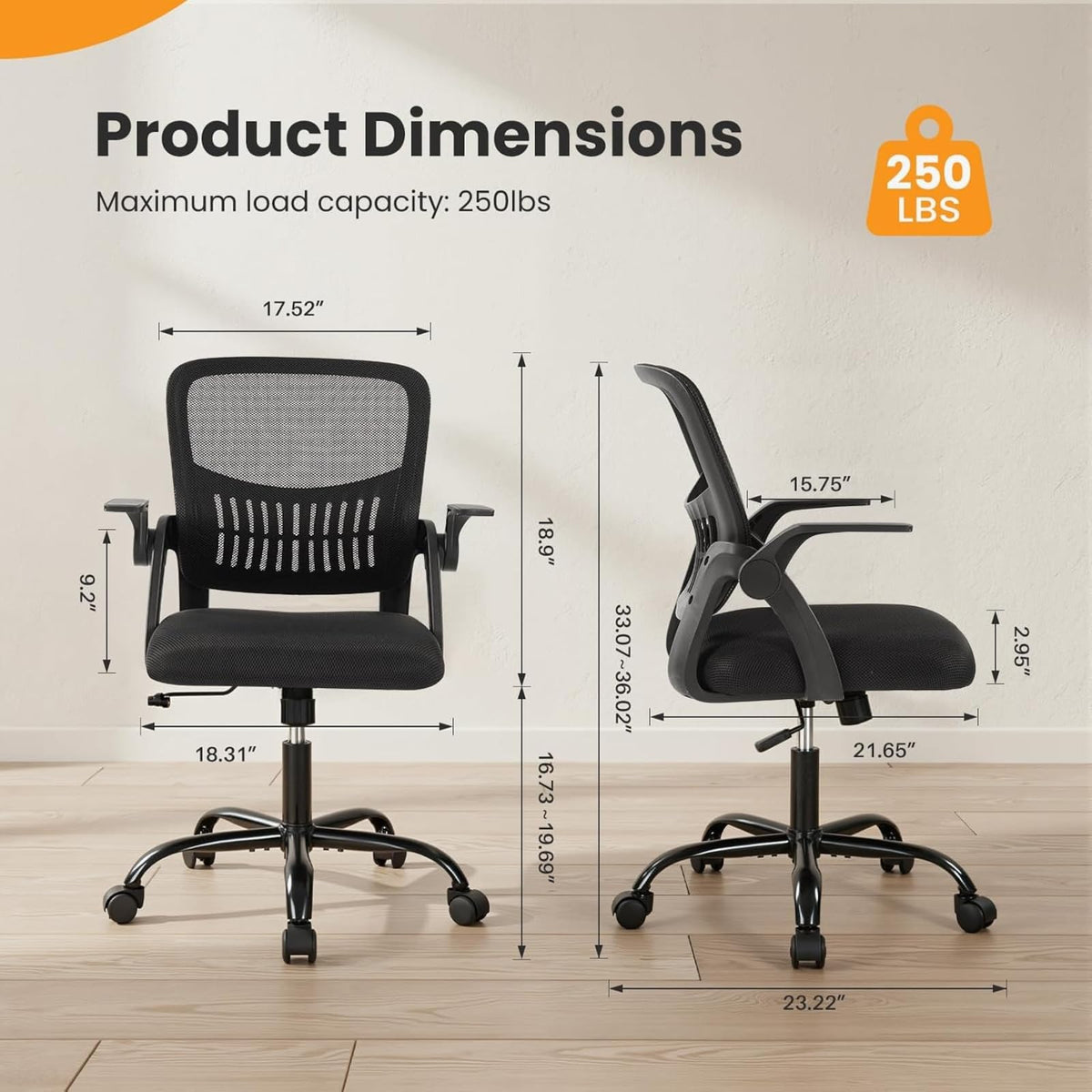 Sweetcrispy Computer Desk Chair, Home Office Chair, Lumbar Support, Black, 18.31"D&Flip-up Arms