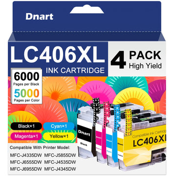 LC406XL LC406 Ink Cartridges for Brother Printer Replacement for LC406 XL LC 406XL LC406XL Work for MFC-J4335DW MFC-J5855DW MFC-J6555DW MFC-J4535DW MFC-J6955DW MFC-J4345DW MFC-J5955DW Printer (4 Pack)