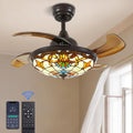 36" Tiffany Style Ceiling Fan with Lights, Remote Control Led Dimmable Fandelier Fixture with 4 Retractable Reverse Blades, Vintage Stained Glass Suit for Bedroom Living Room