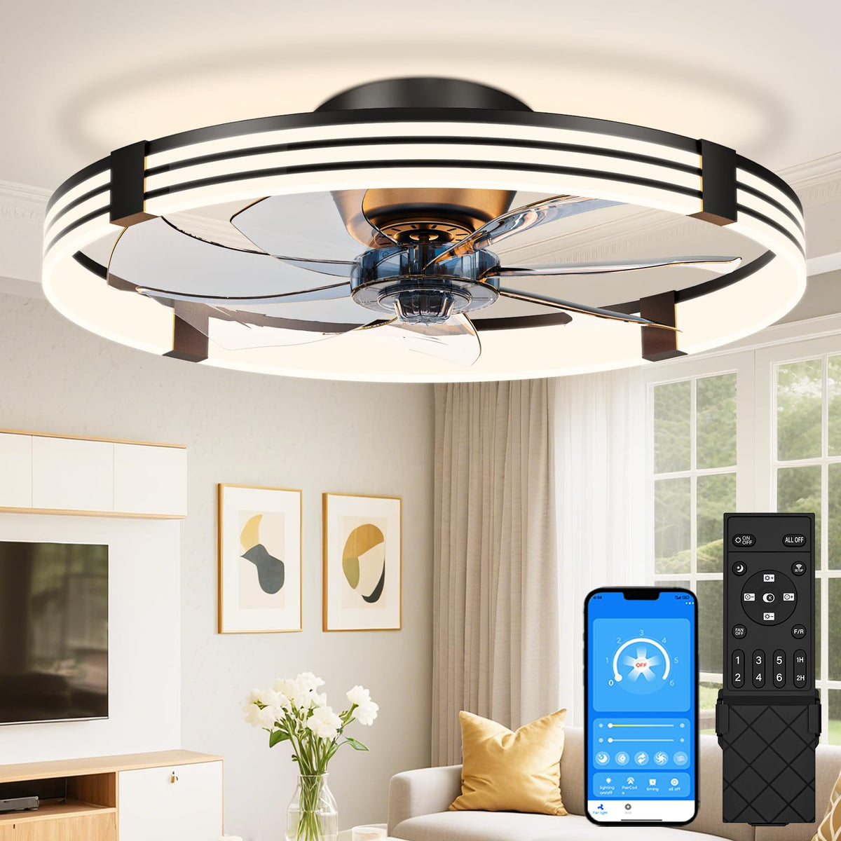 VOLISUN Low Profile Ceiling Fans with Lights and Remote, 24in Flush Mount Ceiling Fan with Light, 3000K-6500K Dimmable Fandelier LED Fan Light, Black Bladeless Ceiling Fans with Lights for Bedroom