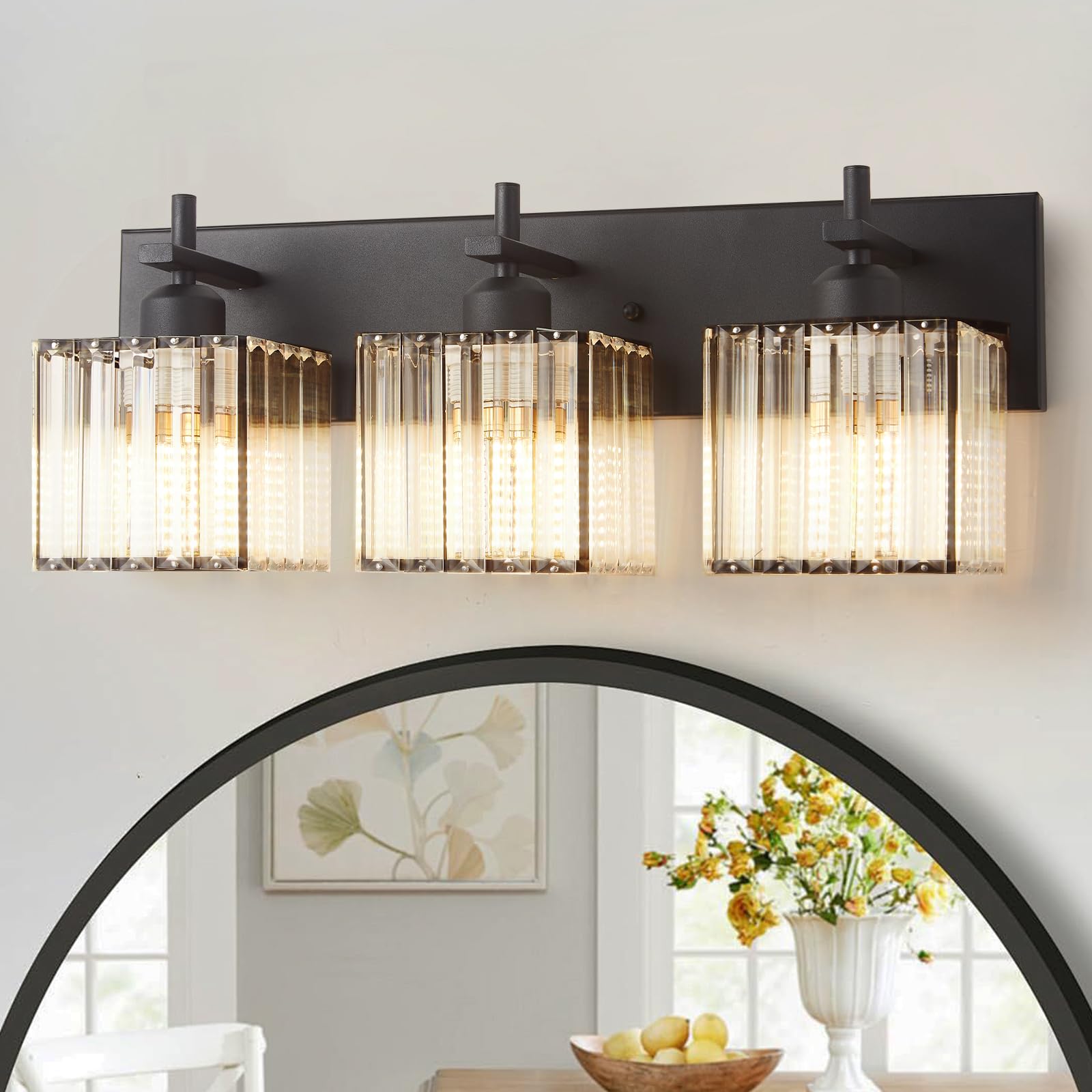 Modern Crystal Bathroom Vanity Lights, 3-Lights Matte Black Bathroom Light Fixtures Over Mirror,Wall Lamp for Living Room Hallway Cabinet