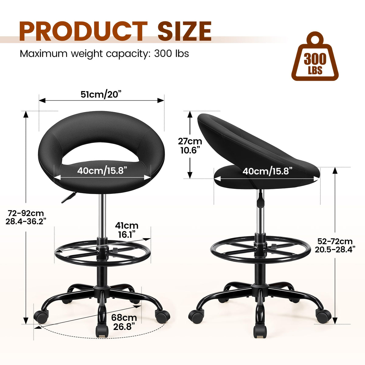 Stella Mia Ergonomic Drafting Chair for Standing Desk, Swivel Rolling Stool, 4 Pack, Black