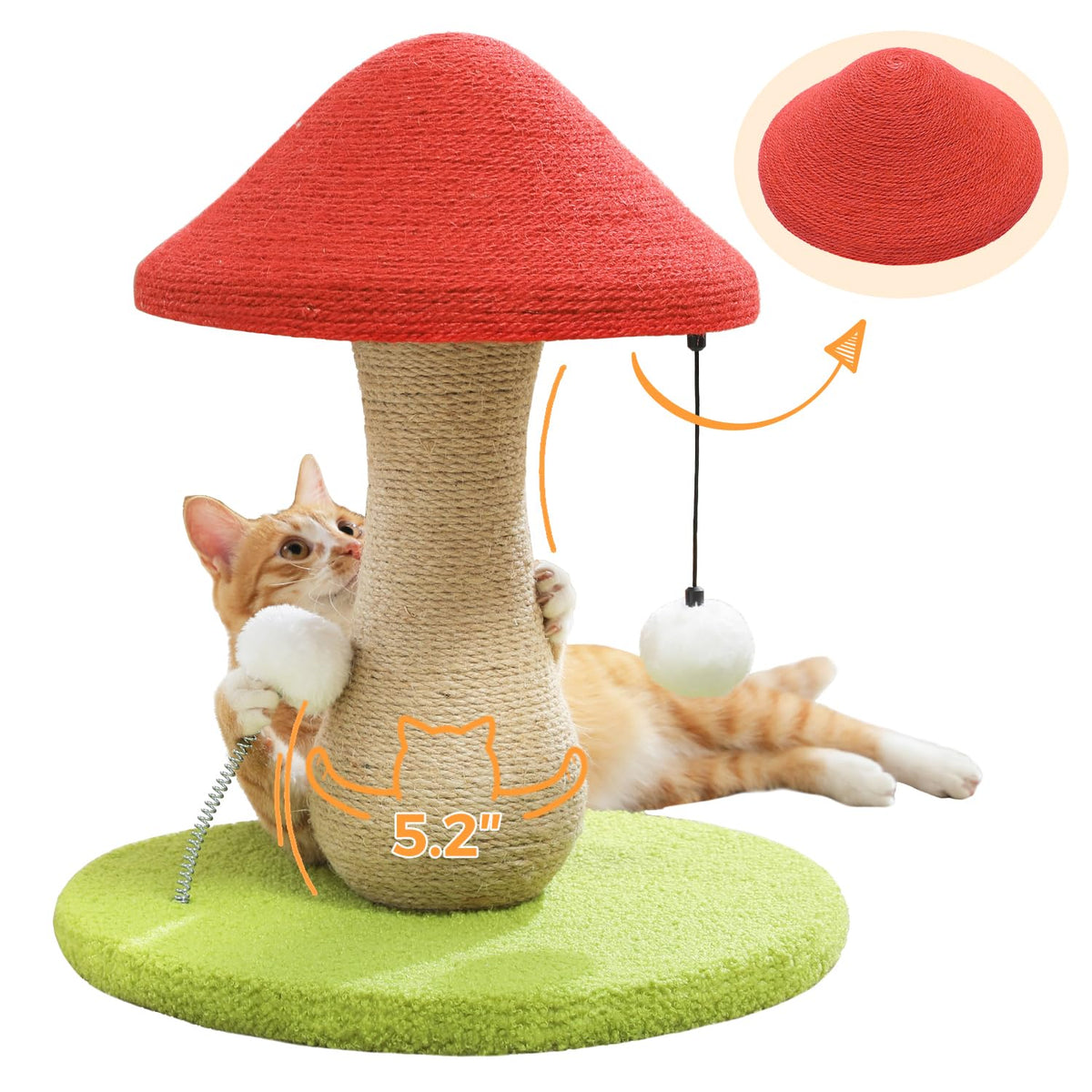PETEPELA Mushroom Cat Scratching Post, Cat Scratcher Cute with 100% Sisal Covered Scratching Post & Pompoms Toy, Mushroom Cat Post for Indoor Cats